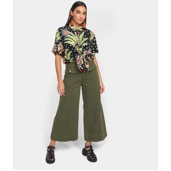 Farm Rio Wide Leg Pockets Twill Trousers Women's Size 38 Green Small - Picture 13 of 13